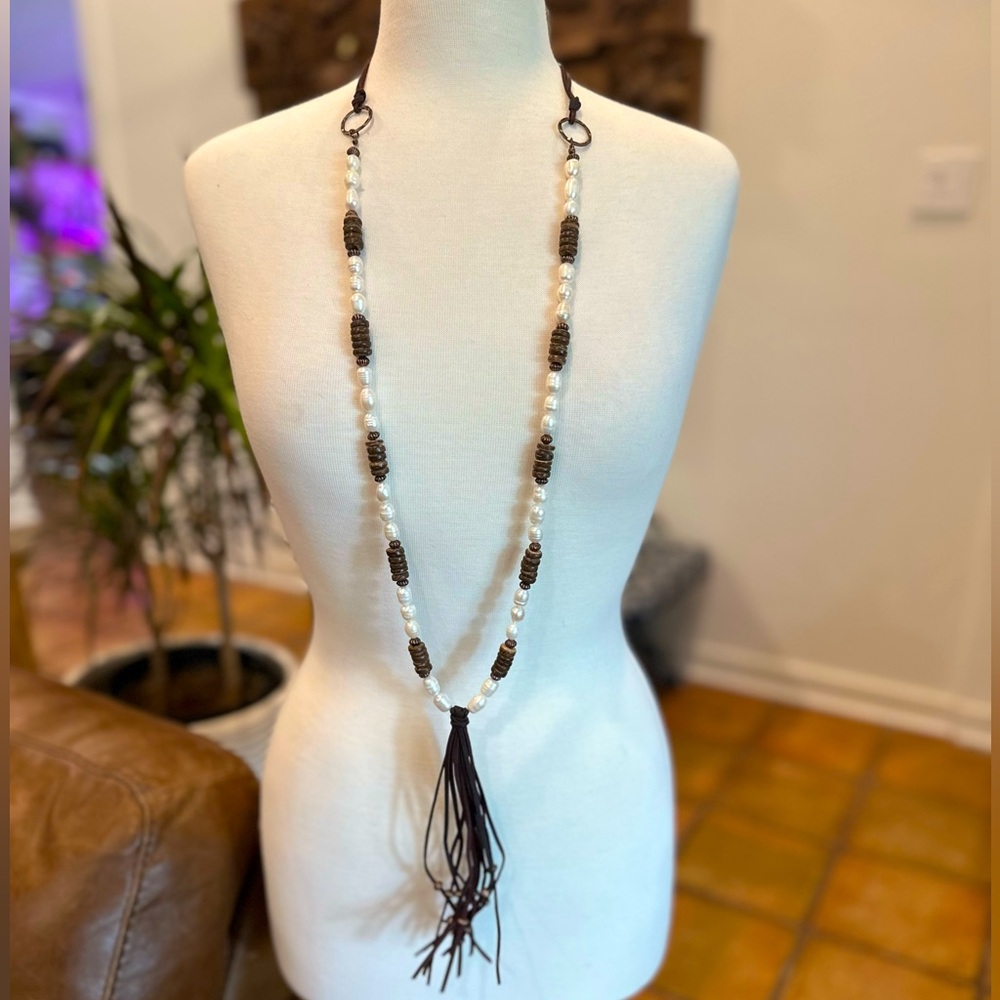 Necklace Pearl Leather Boho Western